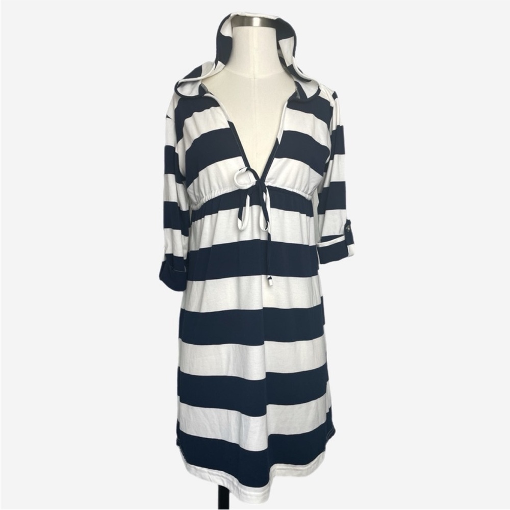 Piccola Bella Navy white striped mini hooded beach cover up resort nautical M